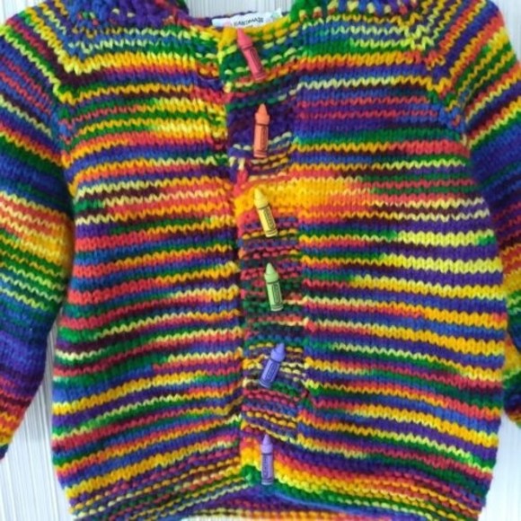 Handmade Knitted Colorful Sweater Cardigan Hoodie Crayon Buttons Hooded 12" P2P - Picture 3 of 10